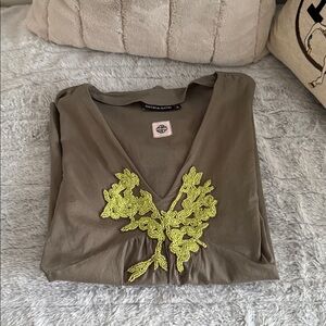 Antik Batik Olive Green/Taupe Beaded Embroidered Peasant Tunic Blouse Top